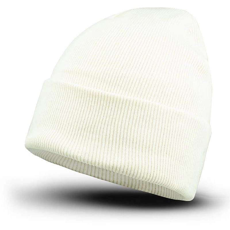 Czapka Zimowa Kremowa Beanie, Odwijana, Męska -EM Men's Accessories- Jednokolorowa