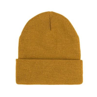 Czapka Zimowa Musztardowa, Złota, Beanie, Odwijana, Męska -EM Men's Accessories- Jednokolorowa