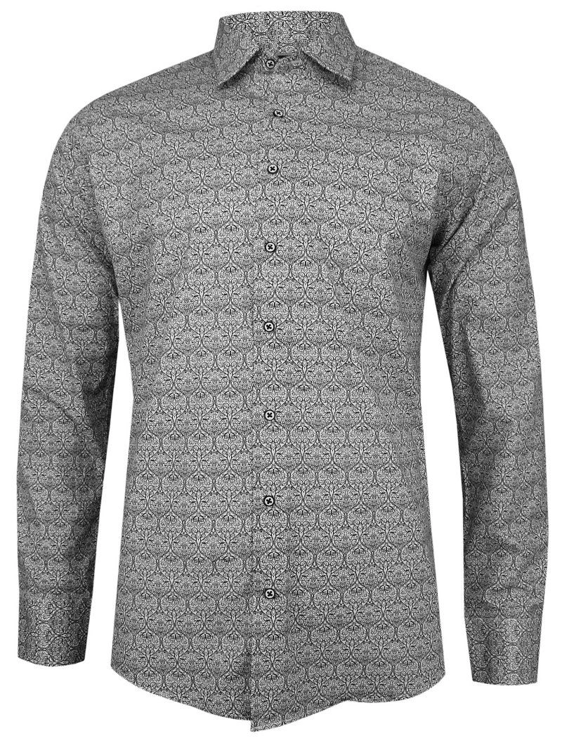 Czarno-Biała Taliowana Koszula Męska -TO-ON- Długi Rękaw, Slim Fit, w Drobny Wzór Geometryczny