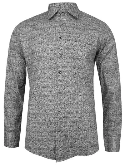 Czarno-Biała Taliowana Koszula Męska -TO-ON- Długi Rękaw, Slim Fit, w Drobny Wzór Geometryczny