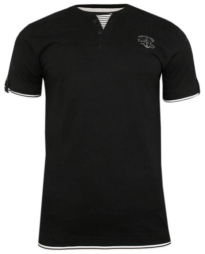 Czarny Bawełniany T-Shirt -PAKO JEANS- Męski, Krótki Rękaw, Dekolt z Guzikami, Wstawka w Paski
