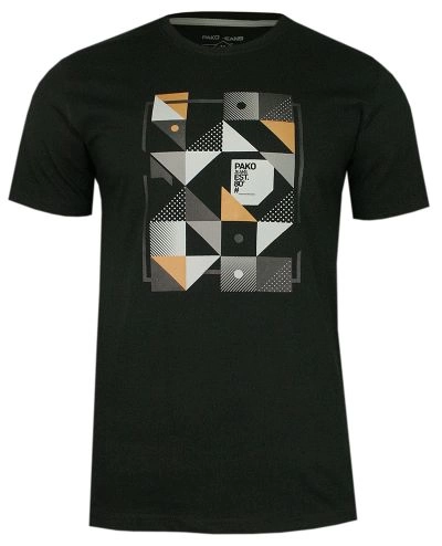 Czarny Bawełniany T-Shirt -PAKO JEANS- Męski, Okrągły Dekolt, Krótki Rękaw, z Motywem Geometrycznym