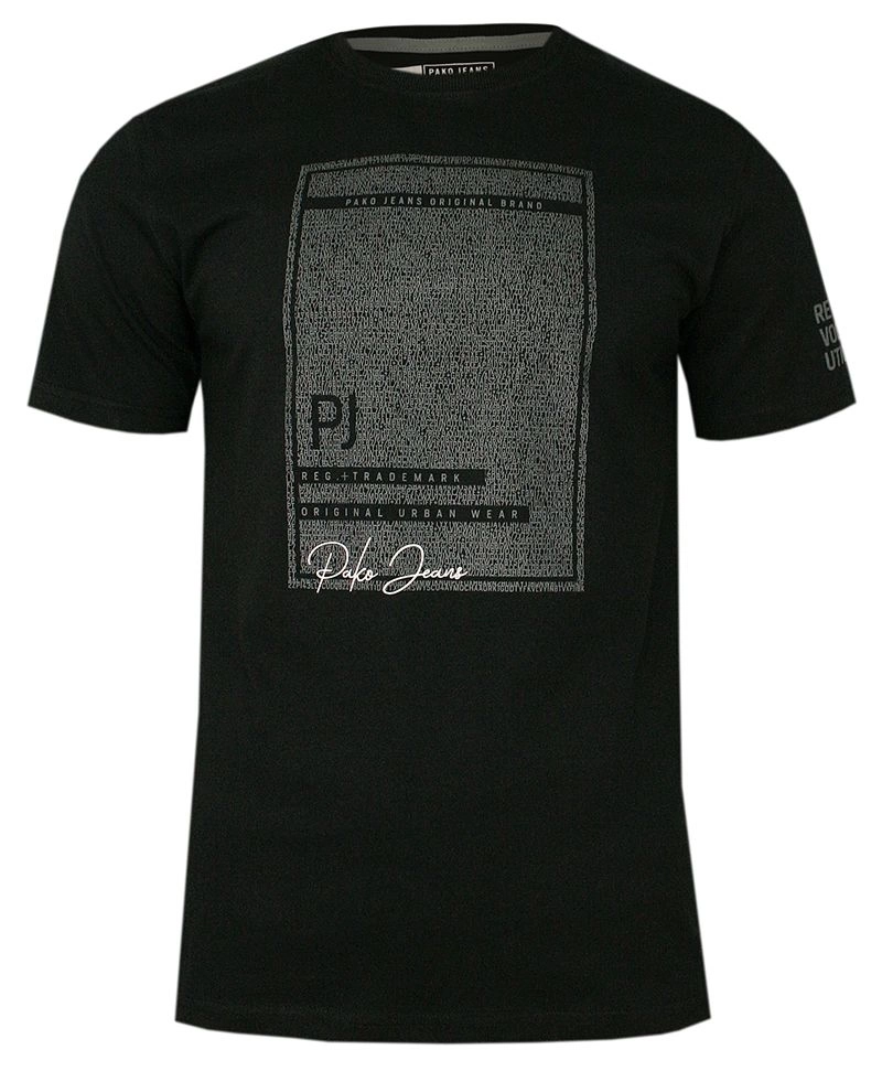 Czarny Bawełniany T-Shirt -PAKO JEANS- Męski, Okrągły Dekolt, Krótki Rękaw, z Nadrukiem