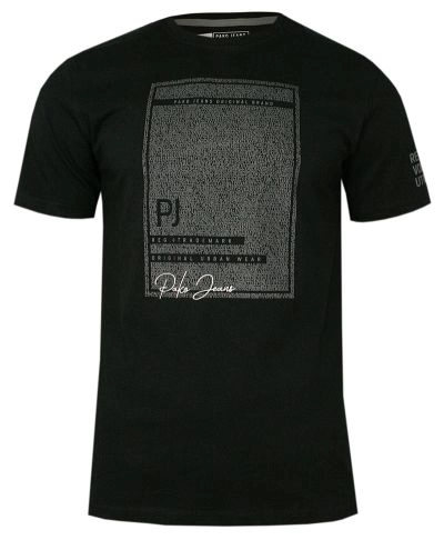 Czarny Bawełniany T-Shirt -PAKO JEANS- Męski, Okrągły Dekolt, Krótki Rękaw, z Nadrukiem