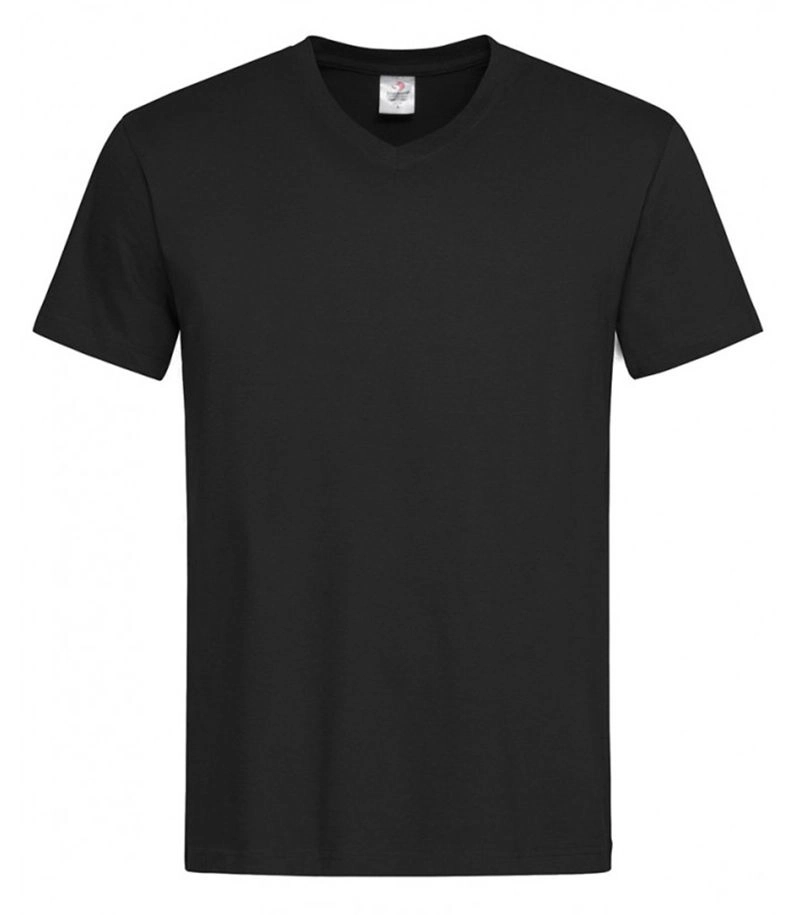 Czarny Bawełniany T-Shirt w Serek, Męski Bez Nadruku -STEDMAN- Koszulka, Krótki Rękaw, Basic, V-neck