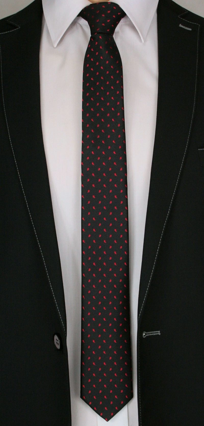 Czarny Elegancki Krawat -Angelo di Monti- 6 cm, Męski, w Czerwone Łezki