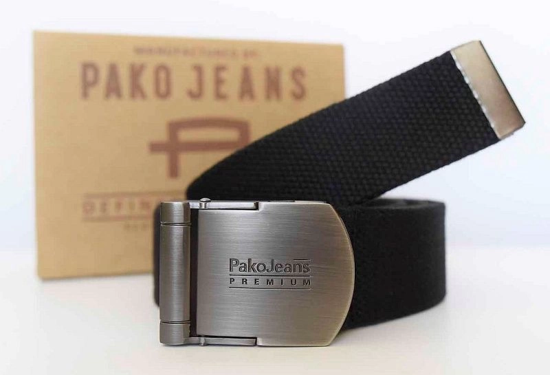 Czarny Materiałowy Pasek, Parciany -Pako Jeans- 110 cm, Klamra Zaciskana Manualnie, Militarny