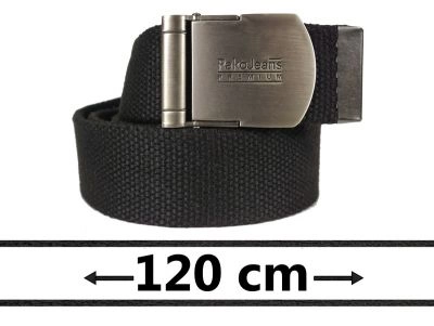 Czarny Materiałowy Pasek, Solidny -Pako Jeans- 120 cm, Militarny, Klamra Zaciskana Manualnie