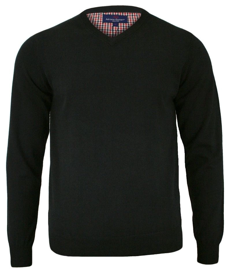 Sweter Czarny, Elegancki, Dekolt w Serek, Męski, Bawełniany (V-neck) - Adriano Guinari