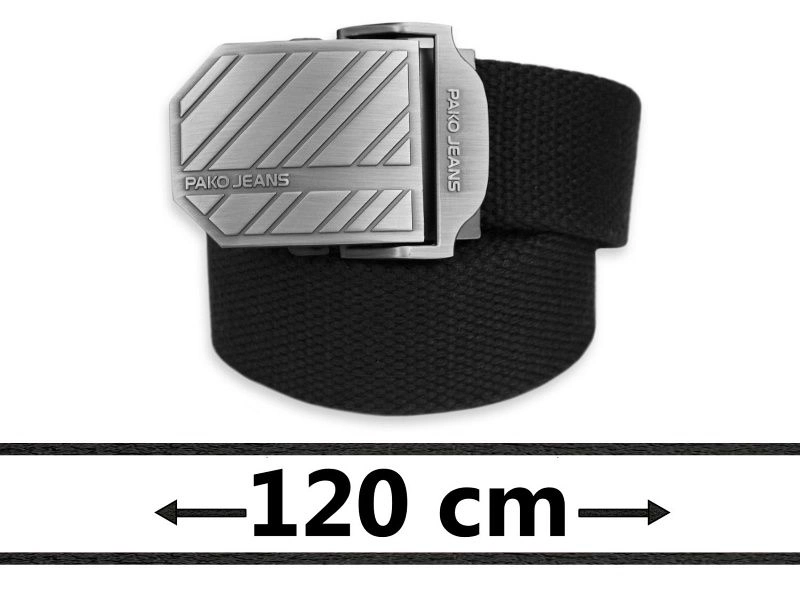 Czarny Militarny Pasek Materiałowy, Solidny -Pako Jeans- 120 cm, Klamra Zamykana Manualnie
