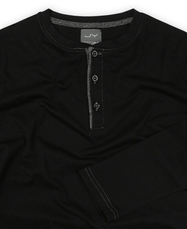 Czarny T-shirt (Koszulka), Długi Rękaw, Longsleeve -JUST YUPPI-  Męski, z Guzikami, Odpinany