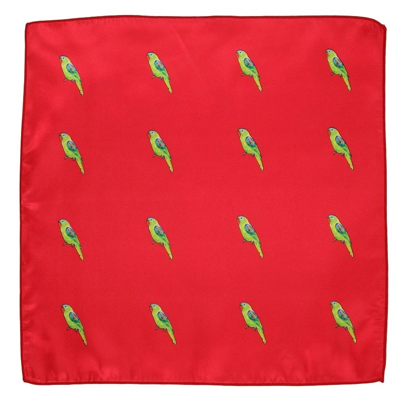 Czerwona Elegancka Poszetka Męska -ALTIES- w Zielone Papugi, Motyw Zwierzęcy