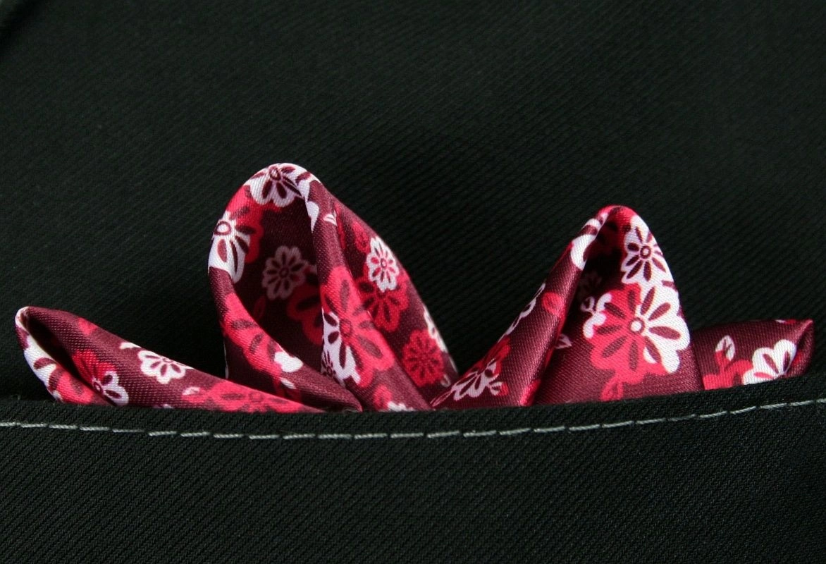 Czerwono-Bordowa Elegancka Męska Poszetka -ALTIES- 24x24 cm, w Kwiatki, Motyw Florystyczny