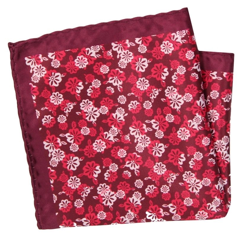 Czerwono-Bordowa Elegancka Męska Poszetka -ALTIES- 24x24 cm, w Kwiatki, Motyw Florystyczny