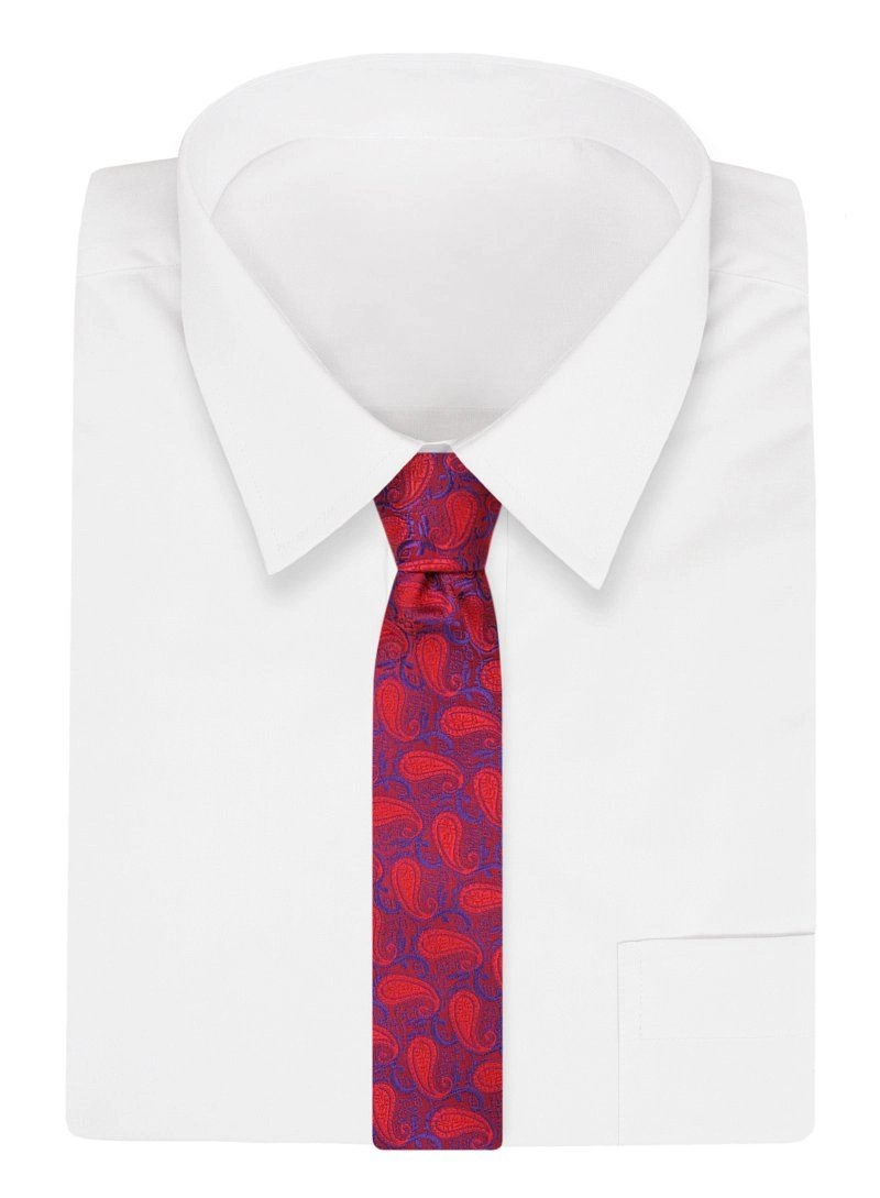 Czerwono-Chabrowy Elegancki Krawat -Chattier- 6,5cm, Męski, Wzór Paisley, Łezki