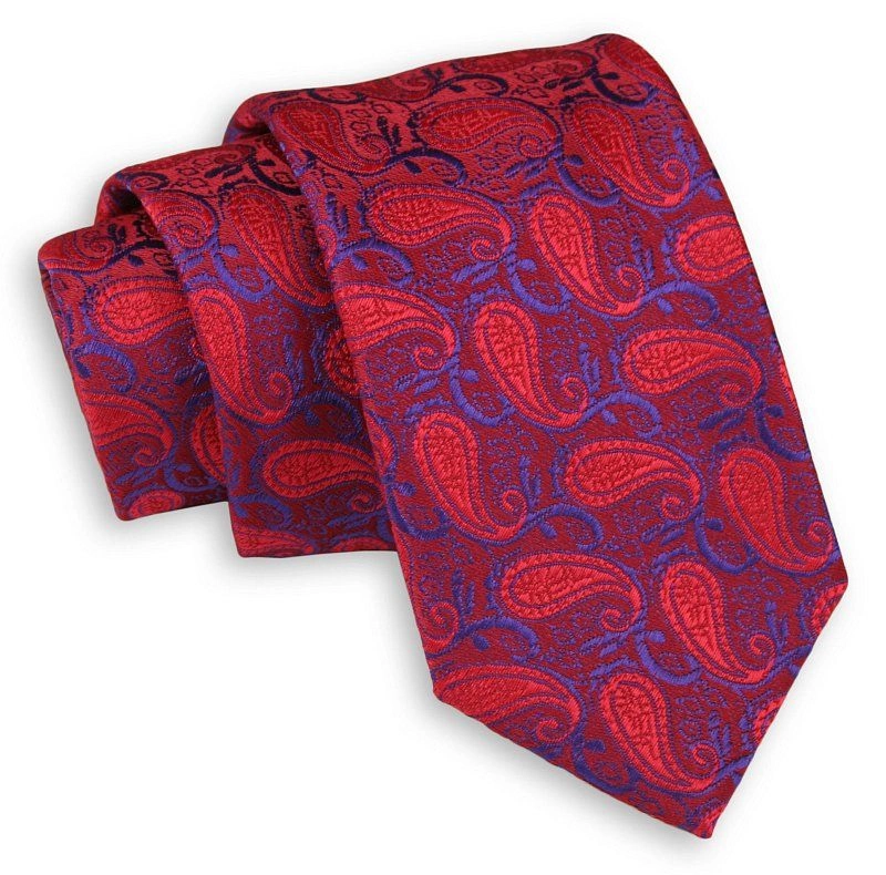 Czerwono-Chabrowy Elegancki Krawat -Chattier- 6,5cm, Męski, Wzór Paisley, Łezki