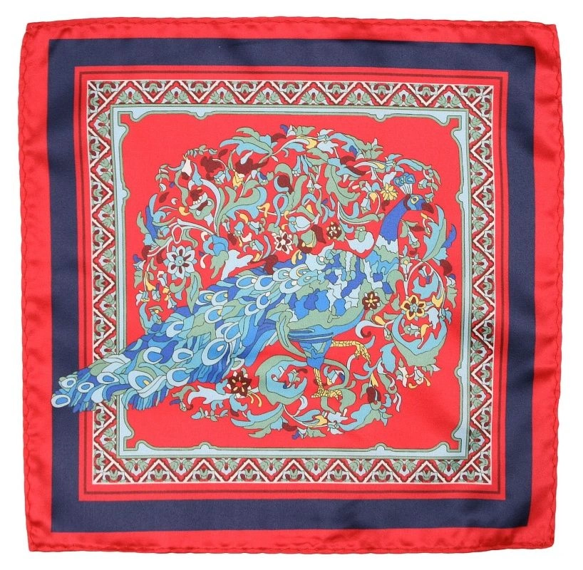 Czerwono-Niebieska Męska Poszetka -ALTIES- 24x24 cm, z Pawiem, Motyw Zwierzęcy