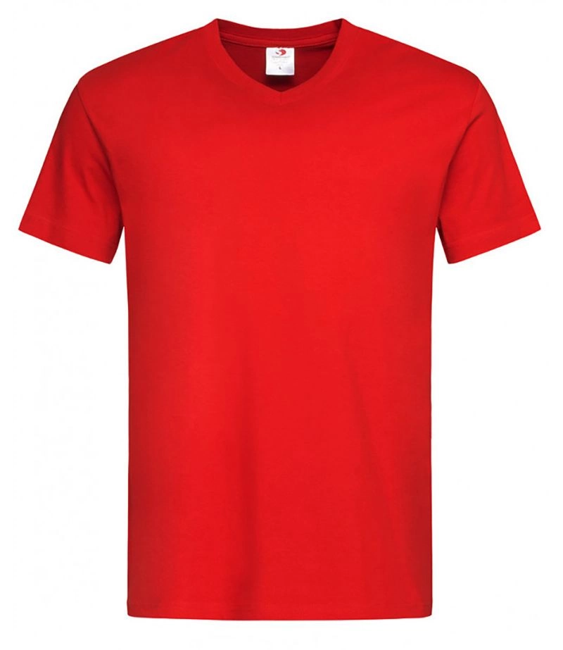 Czerwony Bawełniany T-Shirt w Serek, Męski Bez Nadruku -STEDMAN- Koszulka, Krótki Rękaw, V-neck