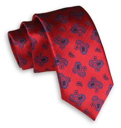 Czerwony Elegancki Męski Krawat -ALTIES- 6 cm, Klasyczny, w Niebieski Wzór Paisley