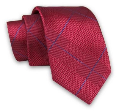 Czerwony Elegancki Męski Krawat -ALTIES- 7cm, Stylowy, Klasyczny, w Niebieską Kratkę