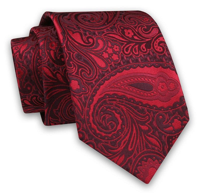 Czerwony Elegancki Męski Krawat -ALTIES- 7cm, Stylowy, Klasyczny, Wzór Paisley, Nerki, Łezki