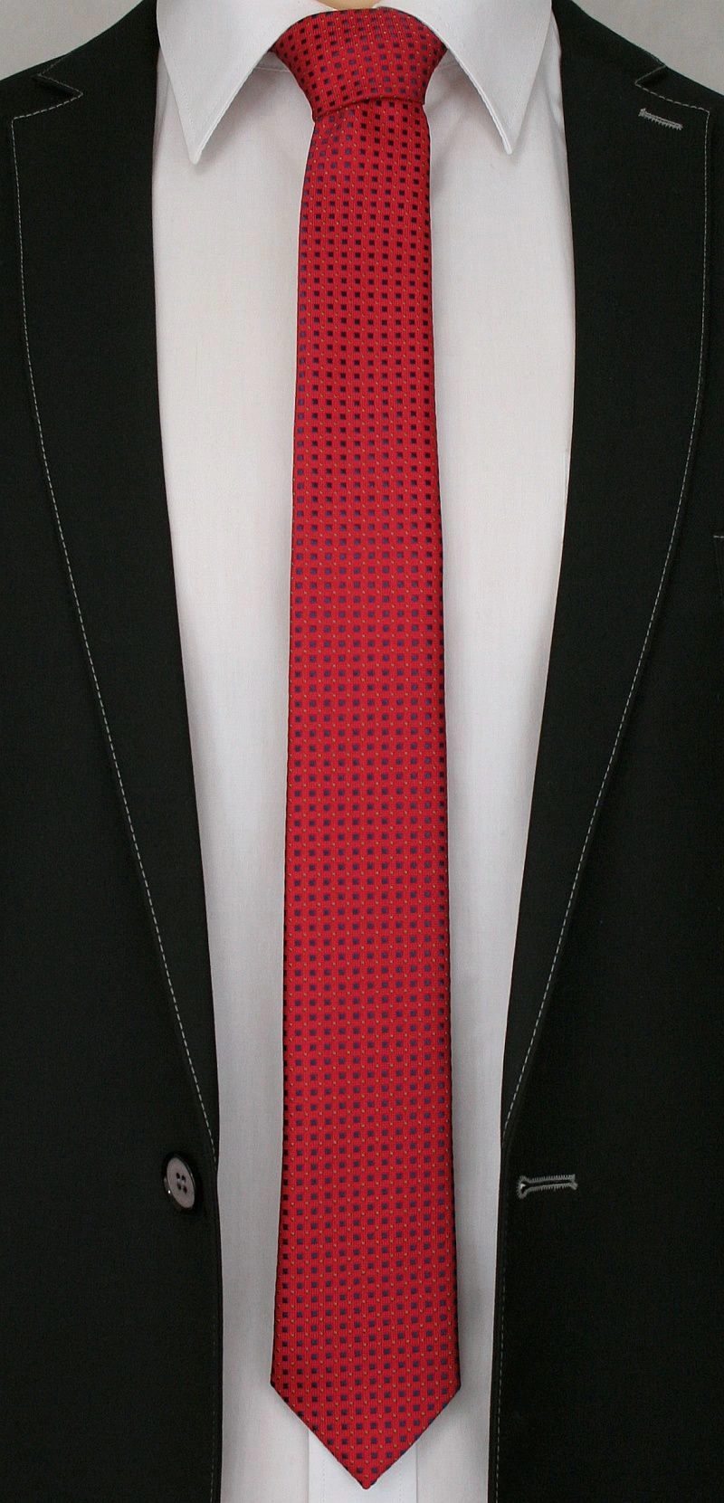 Czerwony Elegancki Męski Krawat -ALTIES- Wzór Geometryczny, w Granatowe Kwadraciki