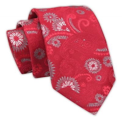 Czerwony Klasyczny Krawat Męski, Elegancki, Wzór Paisley, Kwiatki, 7 cm -Angelo di Monti