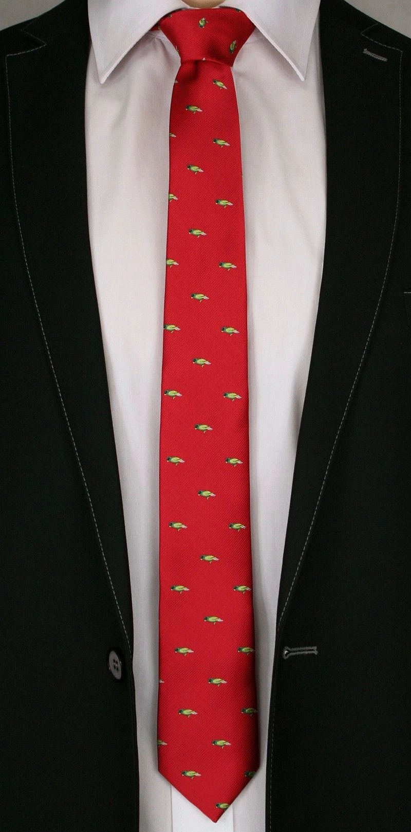 Czerwony Modny Krawat -Angelo di Monti- 6 cm, Męski, w Zielone Papugi, Motyw Zwierzęcy