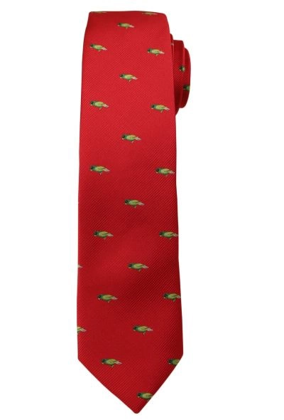 Czerwony Modny Krawat -Angelo di Monti- 6 cm, Męski, w Zielone Papugi, Motyw Zwierzęcy