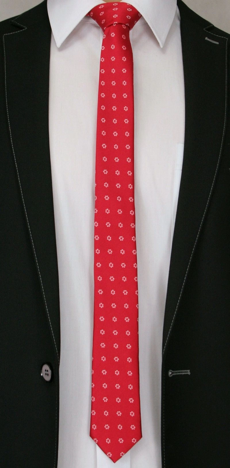 Czerwony Stylowy Krawat (Śledź) Męski w Białe Kwiatki -ALTIES- 5 cm, Wąski, Motyw Florystyczny