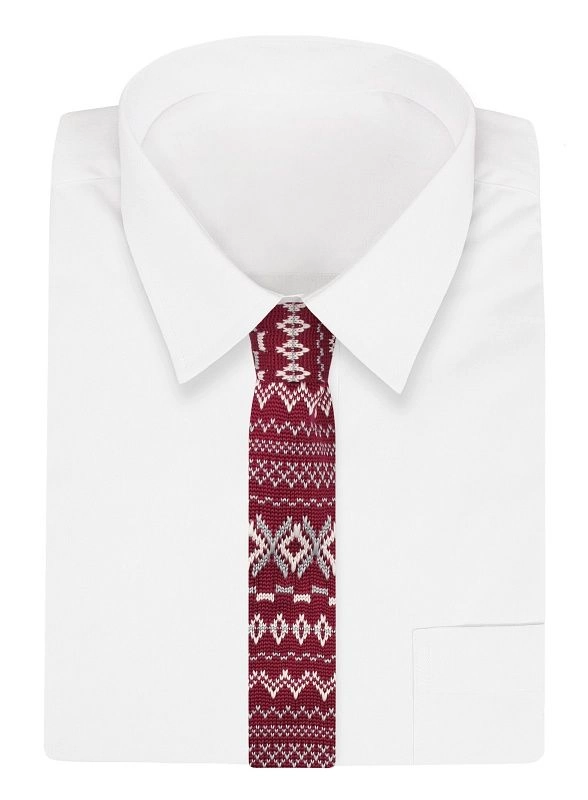 Czerwony Świąteczny Dziergany, Męski Krawat Knit, 5,5 cm -Alties- w Biało-Szary Wzór