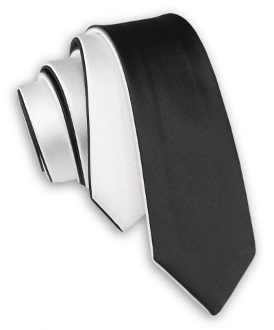 Dwustronny Czarno-Biały Stylowy Krawat (Śledź) Męski -ALTIES- 5 cm, Wąski, Gładki, Dwukolorowy