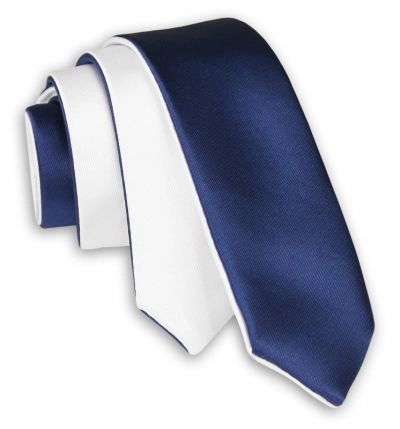 Dwustronny Granatowo-Biały Stylowy Krawat (Śledź) Męski -ALTIES- 5 cm, Wąski, Gładki, Dwukolorowy