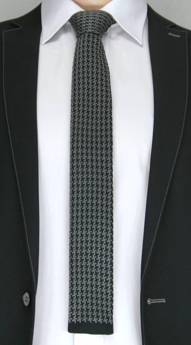 Dziergany Krawat  Męski Knit w Pepitkę - 5,5 cm - Alties, Czarno-Szary
