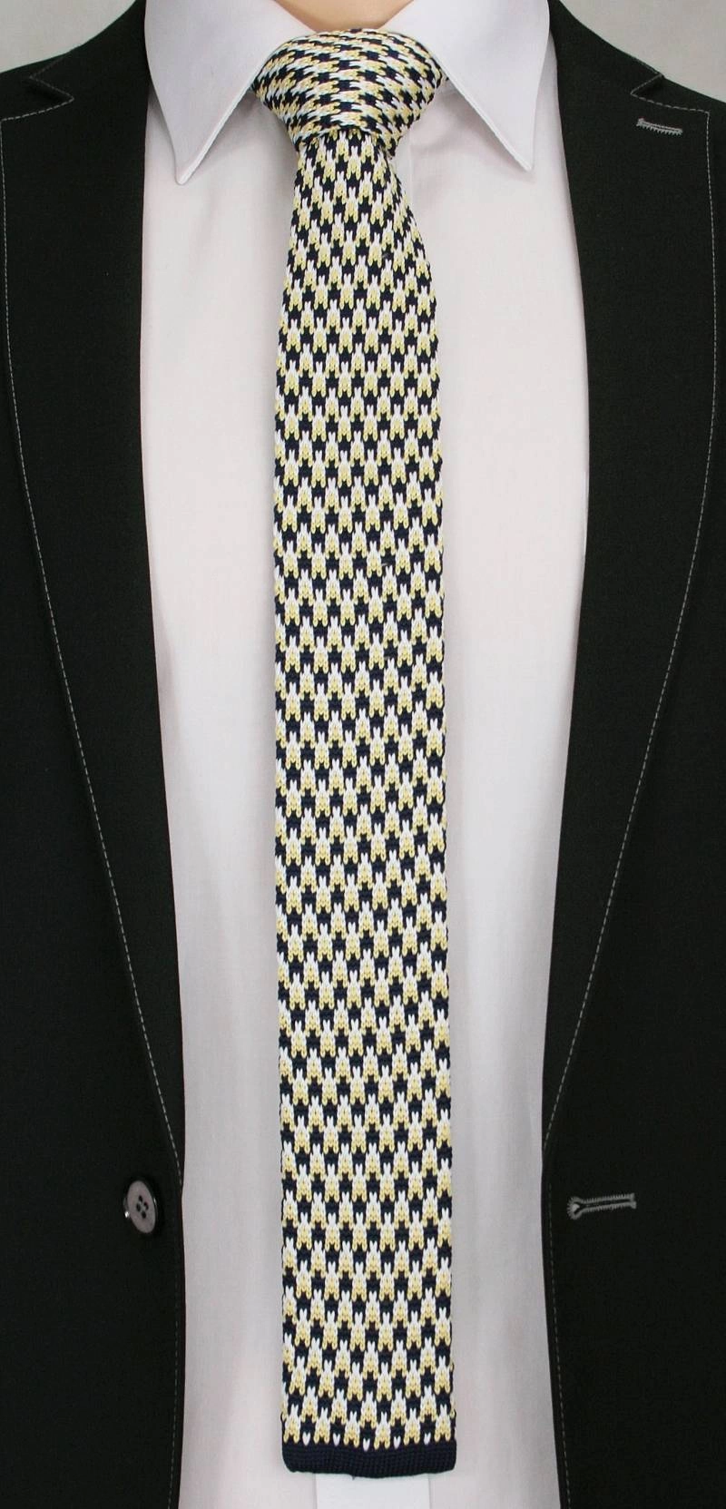 Stylowy, Dziergany Krawat Męski Knit -5,5cm- Chattier, Granatowo-Żółty