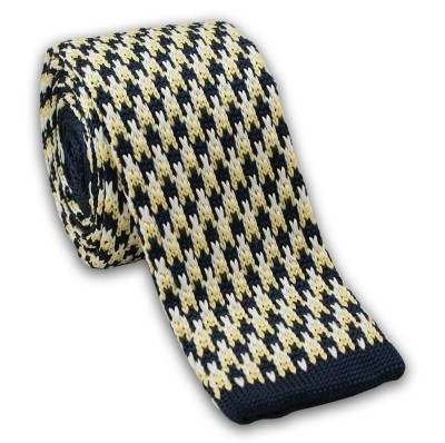 Stylowy, Dziergany Krawat Męski Knit -5,5cm- Chattier, Granatowo-Żółty