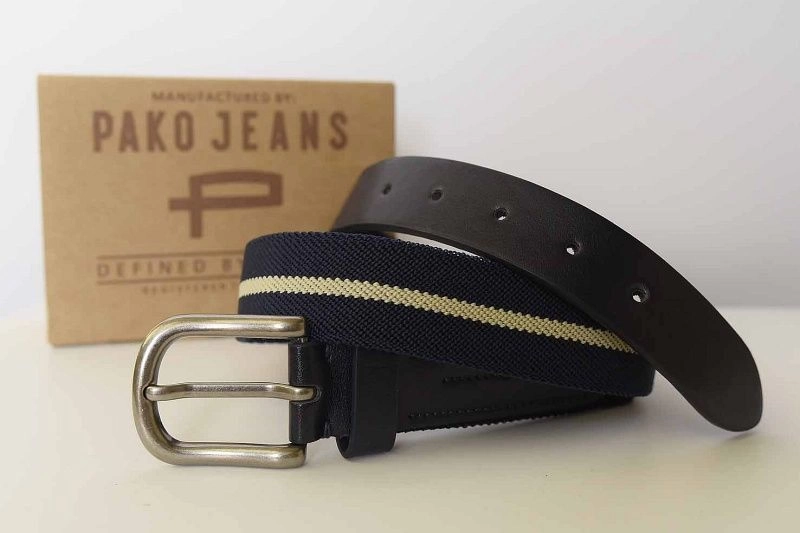 Elastyczny Materiałowy Pasek -Pako Jeans- 120 cm, Elegancki, Zakończenie Skóropodobne, Granatowy