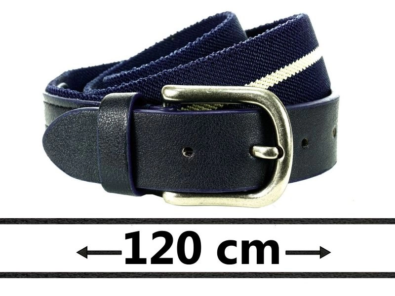 Elastyczny Materiałowy Pasek -Pako Jeans- 120 cm, Elegancki, Zakończenie Skóropodobne, Granatowy