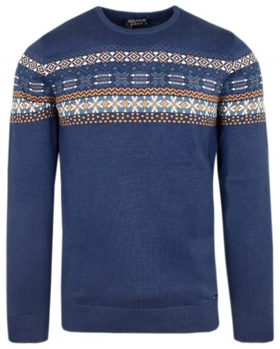 Elegancki Bawełniany Sweter w Norweski Wzór - Niebieski