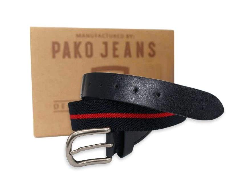 Elegancki Granatowy Elastyczny Materiałowy Pasek -Pako Jeans- 110 cm, Zakończenie Skóropodobne
