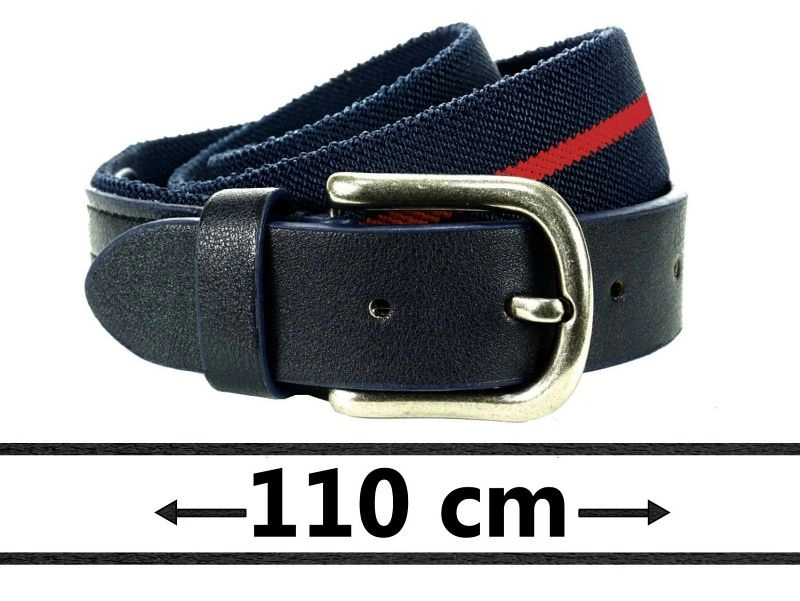 Elegancki Granatowy Elastyczny Materiałowy Pasek -Pako Jeans- 110 cm, Zakończenie Skóropodobne