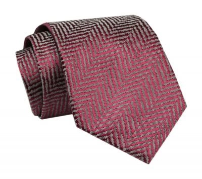 Elegancki, Klasyczny, Męski Krawat -ALTIES-  Czerwony, Wzór w Jodełkę