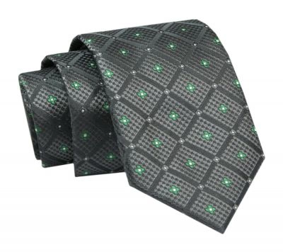 Elegancki, Klasyczny, Męski Krawat -ALTIES - Grafit z Zielonym Akcentem