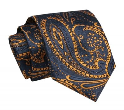 Elegancki, Klasyczny, Męski Krawat -ALTIES - Granat w Złoty, Orientalny Wzór