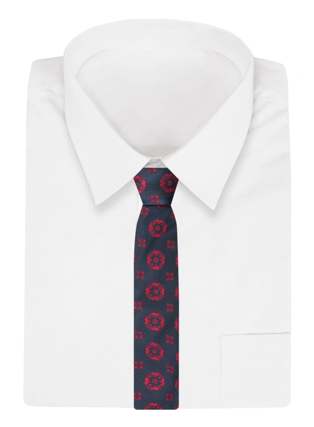 Elegancki, Klasyczny, Męski Krawat -ALTIES - Granat z Czerwonym Motywem Kwiatowym