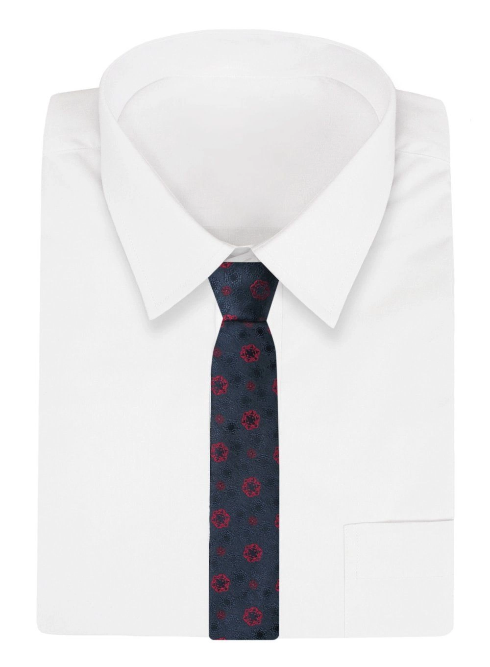 Elegancki, Klasyczny, Męski Krawat -ALTIES, Granat z Czerwonymi Kwiatami