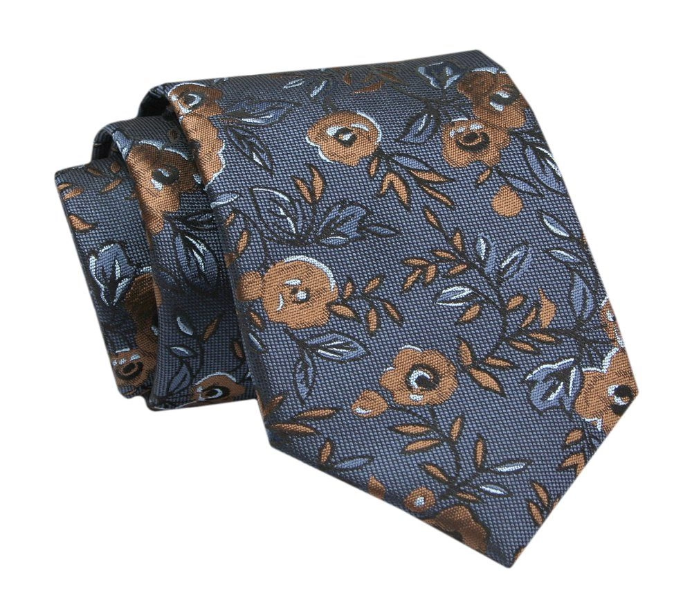 Elegancki, Klasyczny, Męski Krawat -ALTIES - Niebieski z Motywem Beżowobrązowych Kwiatów
