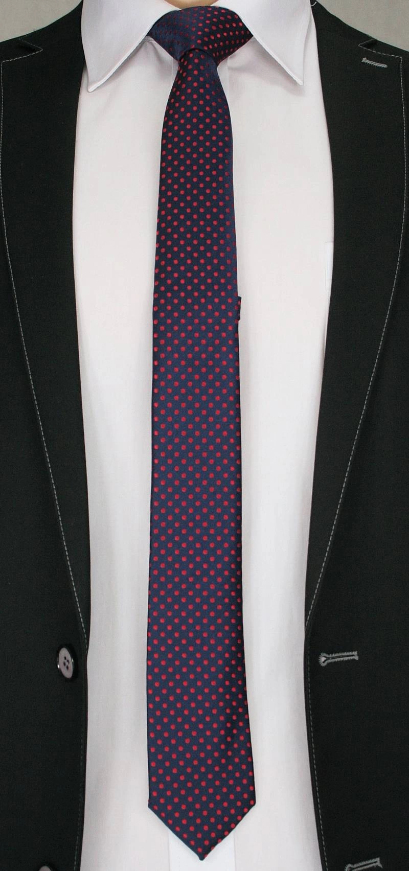 Oryginalny Krawat Męski w Czerwone Groszki, Kropki - 6cm- Alties, Granatowy 