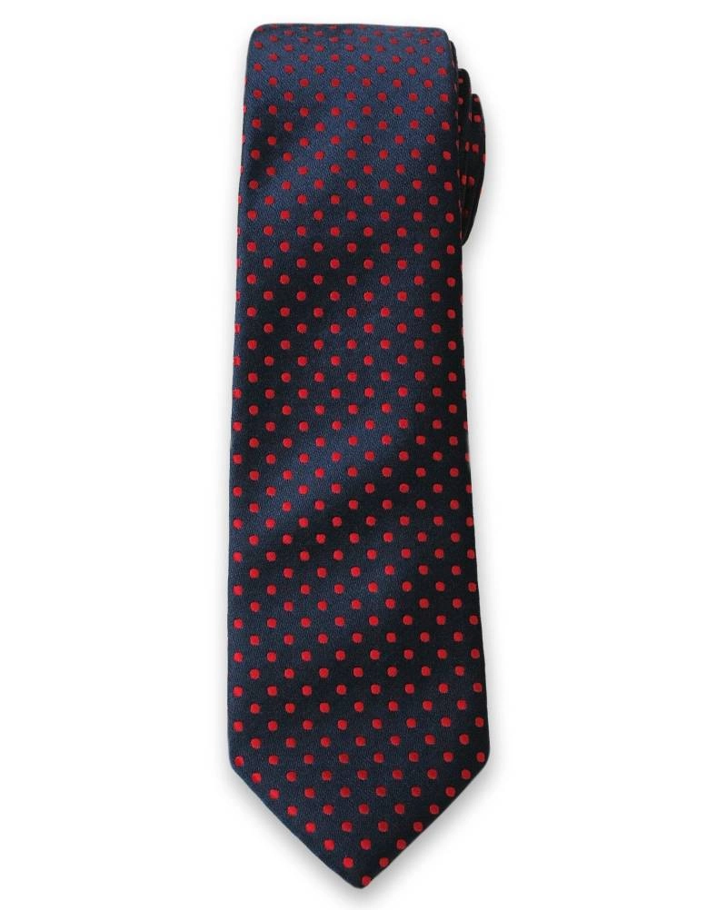 Oryginalny Krawat Męski w Czerwone Groszki, Kropki - 6cm- Alties, Granatowy 
