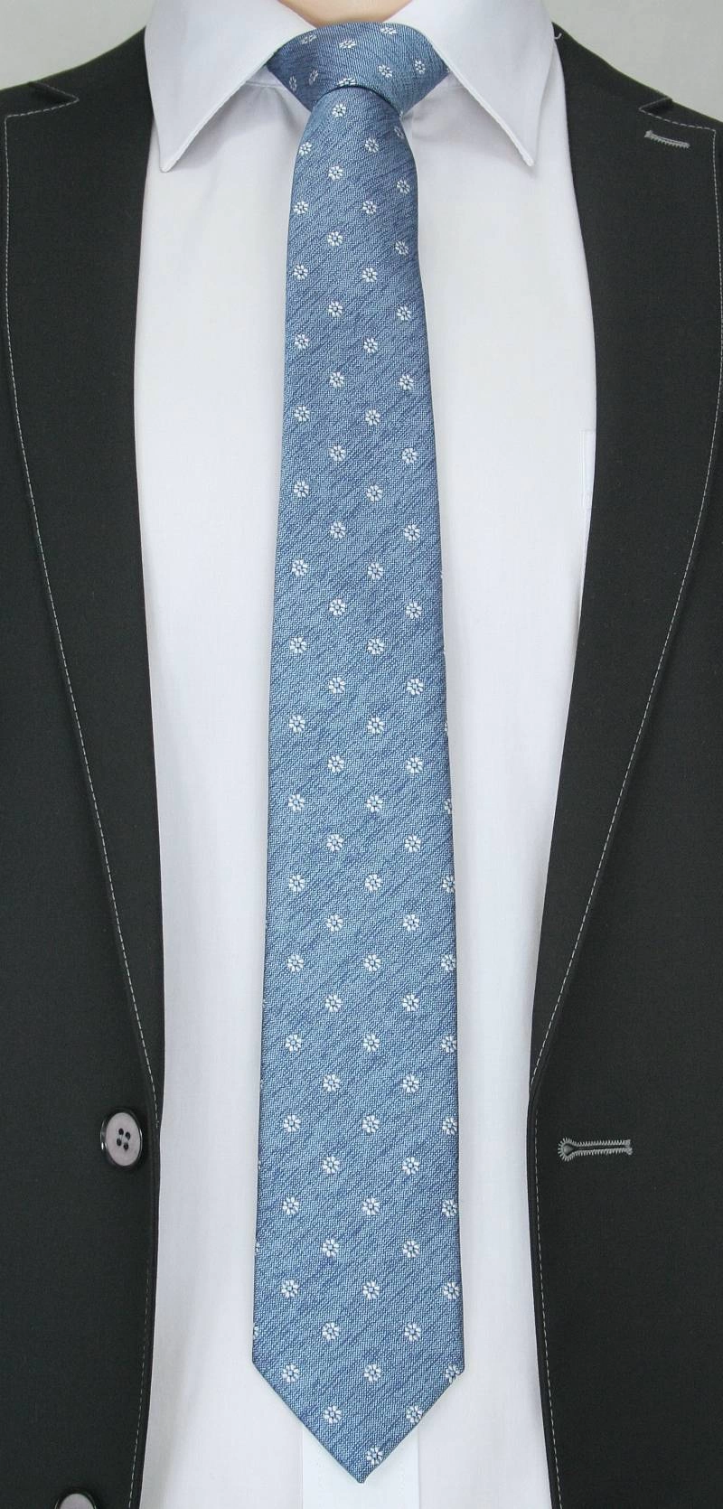 Modny Krawat Męski - Motyw Florystyczny -6,5cm- Chattier, Błękitno-Biały